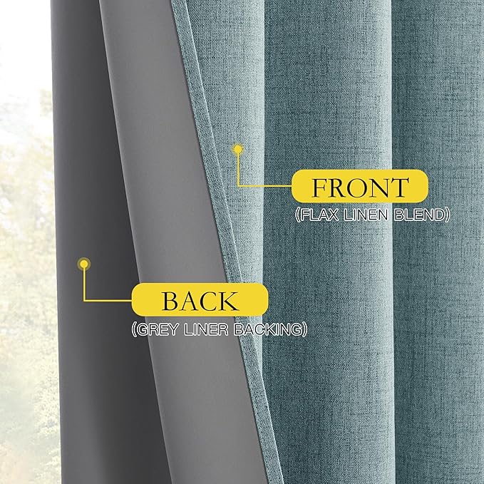 NICETOWN 2 Panels Skylark Blue Linen 100% Blackout Curtains, 42 x 63 Inch, Rod Pocket Style, Thermal Insulated & Noise Reducing Drapes for Living Room, Bedroom, Nursery, Modern & Simple Design