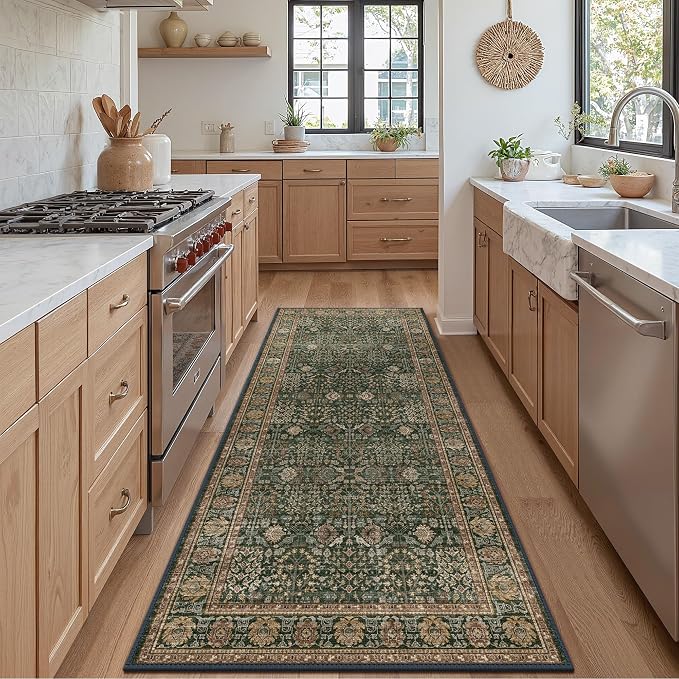 Bavni 2'6''x6 Rug Runners for Hallways, Washable Runner Rug Non Slip, Vintage Floral Print Style Rugs for Bedroom-Lightweight Low Pile Carpet for Hallways Bathroom, Dark Green/Multi