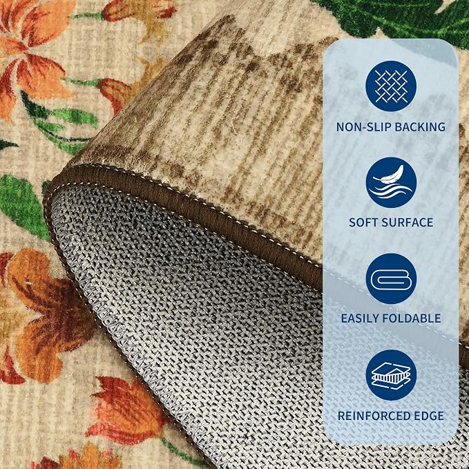 GarveeHome Washable Rug 5x7 Area Rugs for Living Room, Floral Rug for Bedroom, Soft Boho Non Slip Throw Rugs with Rubber Back, Low Pile Stain Resistant Vintage Floral Carpet for Dining Room, Beige