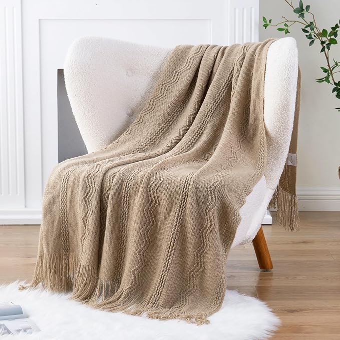 BATTILO HOME Tan Throw Blanket for Bed, Boho Decorative Blanket for Couch, Taupe Throw Blanket for Home Decor, 50"x60"
