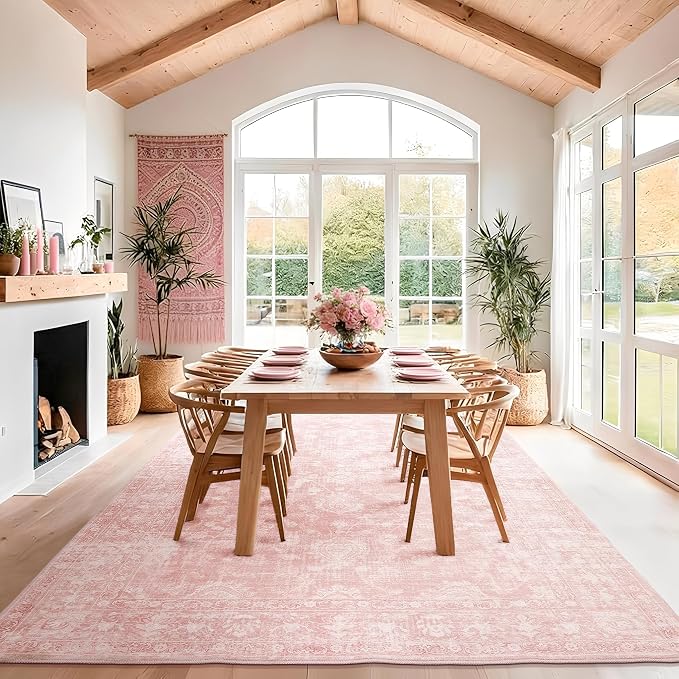 FROZZUR Boho Pink Area Rug 8x10 Large Vintage Rug for Living Room Bedroom Dining Table, Non Slip Distressed Washable Rugs for Home Office Decor Pink