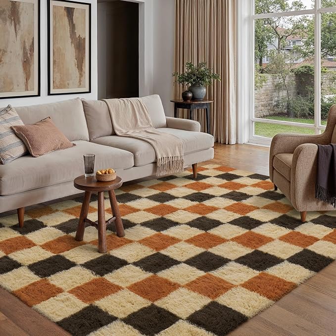 PureCozy Checkered Rug 5x8 for Living Room, Colorful Modern Shag Rug Super Soft Washable Indoor Fuzzy Carpet Non-Slip Fluffy Rugs for Bedroom Home Aesthetic Decor