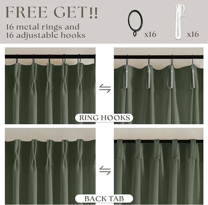 Thick Linen Olive Green Curtains 96 Inches Long for Living Room Bedroom Aesthetic Pinch Pleated Drapes with Hooks Rings Back Tab Light Filtering Ceiling Floor Custom Made Memory Trained Curtain Loden