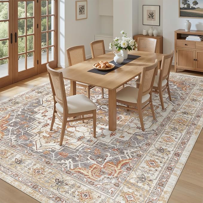 befbee 9x12 Area Rugs for Living Room,Ultra-Thin Washable Rug, Non-Slip Lightweight Foldable Area Rug, Stain Resistant Vintage Large Rugs(Turmeric/Grey, 9'x12')