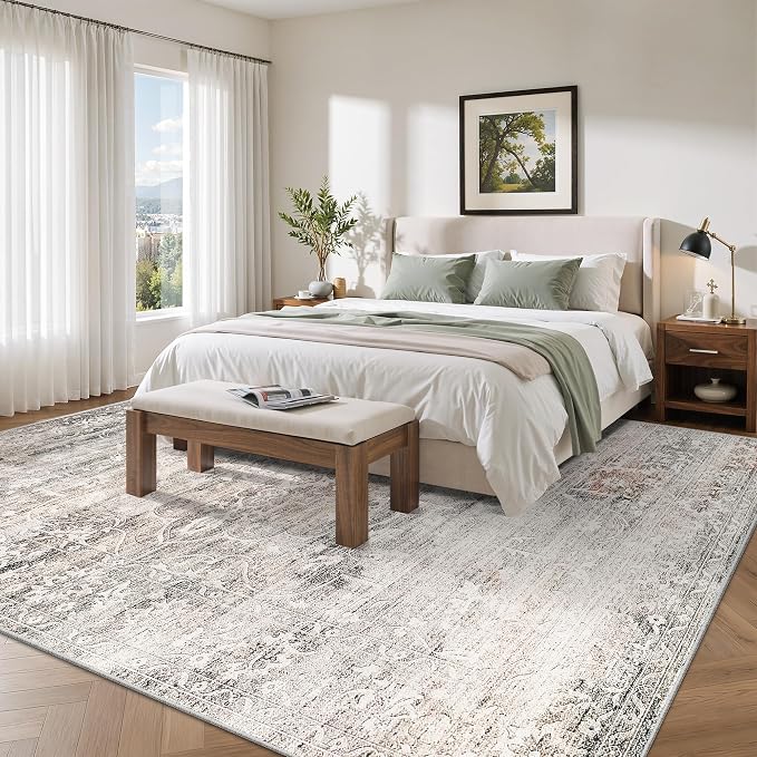 Soalmost 8x10 Area Rugs for Living Room, Washable Bedroom Soft Rug Taupe | Vintage Floral Stain Resistant Non-Slip Low Pile Throw Large Carpet for Dining Room Kitchen Home Office Nursery 8'x10'