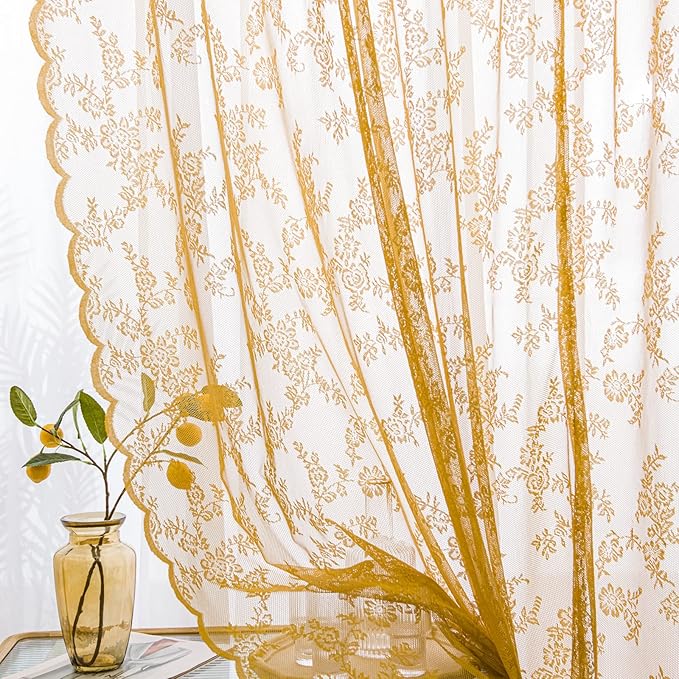 Sutuo Home Gold Lace Curtains Set of 2, Sheer Panels 72 Inch Length Floral Embroidery Vintage Voile Window Treatment Pair for Bedroom Living Room Kitchen, Shabby Chic Decor Rod Pocket, W57 x L72