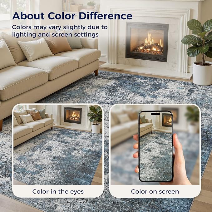 DMOYEST Area Rug Living Room Rugs - 8x10 Large Soft Indoor Neutral Modern Abstract Low Pile Washable Rug Carpet for Bedroom Dining Room Farmhouse Home Office - Grey Blue