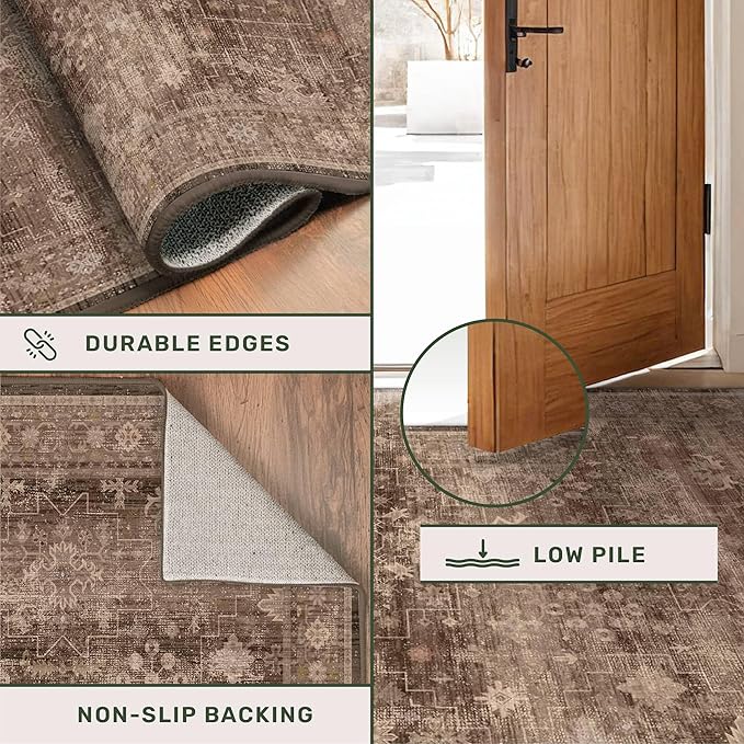 Hazo Haus Boho Brown Living Room Rug 6x8 - Modern Vintage Traditional Oriental Taupe Neutral, Washable Low Pile Non-Slip Extra Large Area Rugs for Dining Under Table Bedroom Lounge