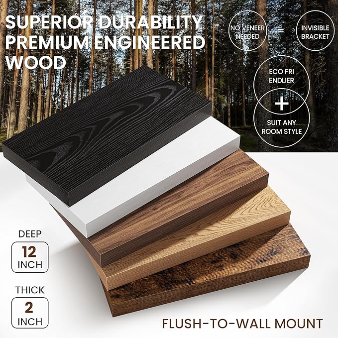 40Inch Black Floating Shelves for Wall, 12 Inch Deep Shelves for Bedroom, Kitchen, Bathroom Wall Mounted, Rustic Wood Floating Shelf with Invisible Brackets for Books, Storage, Decor, 2 Packs