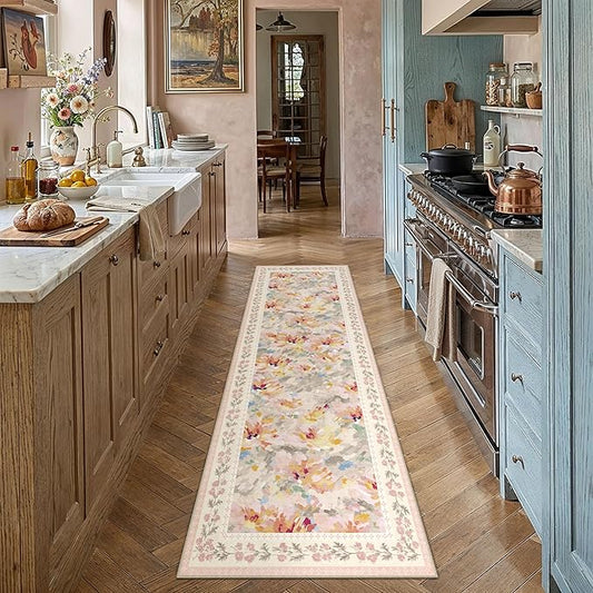2x8 Washable Runner Rug Beige Pink Floral Abstract Hallway Kitchen Throw Rug Modern Non Slip Soft Low Pile Carpet for Bathroom Laundry Bedroom Living Room