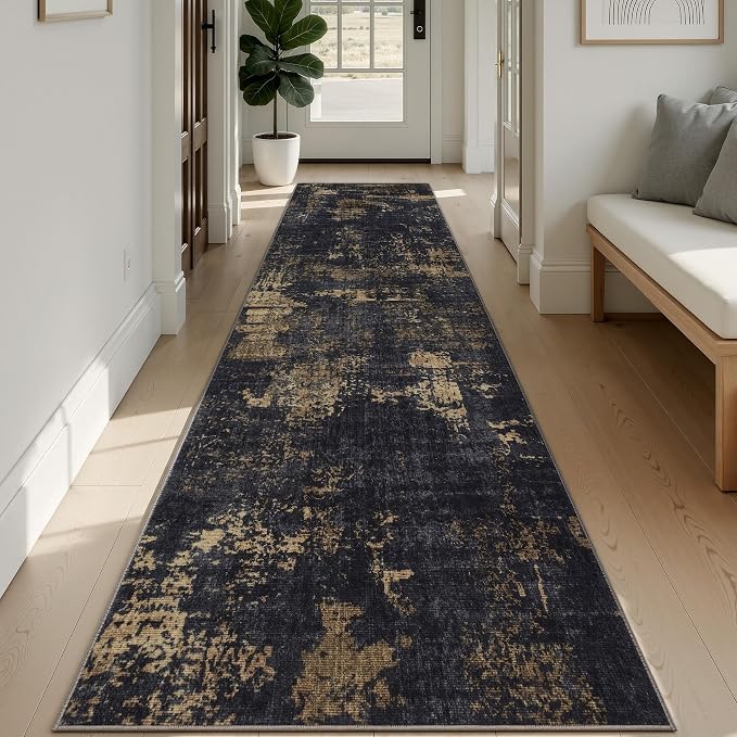 Sasttie 2x12 Soft Runner Rug for Entryway, Modern Abstract Washable Carpet for Hallway, Kitchen and Laundry Room, with Non-Slip Backing, Black and Gold