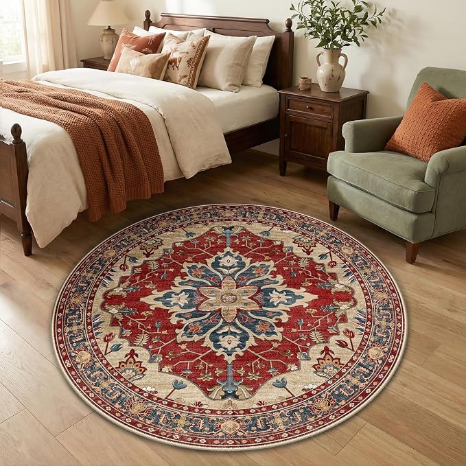 RELEANY Area Rugs Round 4ft Washable Non-Slip, Floral Vintage Distress Medallion Carpet for Living Room Bedroom Dining Room, Red Blue