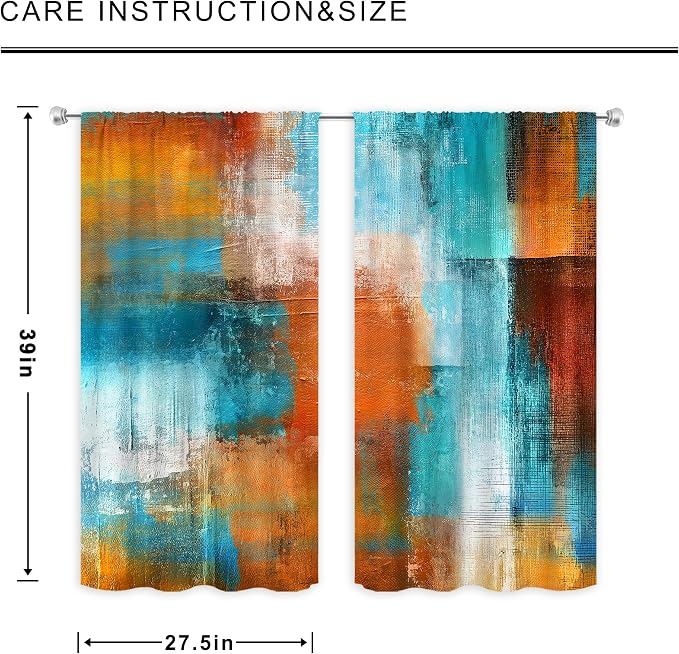 MESHELLY Brown Blue Abstract Kitchen Curtains 27.5W x 39H Inch Rod Pocket Rust Burnt Orange Teal Art Painting Modern Contemporary Watercolor Cool Oil Print Bedroom Window Drapes 2 Panel