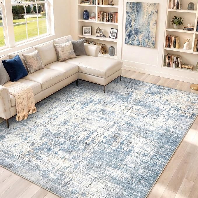 9x12 Area Rugs Washable Living Room Rug-No Slip Soft Carpets Modern Abstract Coastal Indoor Floor Stain Resistant Large Carpet for Bedroom Dining Room Farmhouse Nursery Home Office Blue