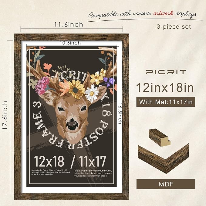 Picrit 12x18 Picture Frame 3 Pack, Wooden Brown Rustic Poster Frame, Display Poster 11 x 17 with Mat or 12 x 18 without Mat for Horizontal or Vertical Wall Mounting