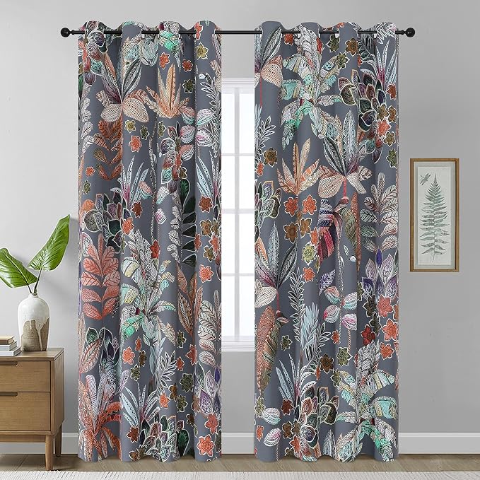Estelar Textiler Thermal Insulated Blackout Curtains 90 Inches Length 2 Panels Set for Bedroom Living Room, Room Darkening Abstract Leaves and Petals Pattern Drapes with Grommets, 52x90 Inch, Grey