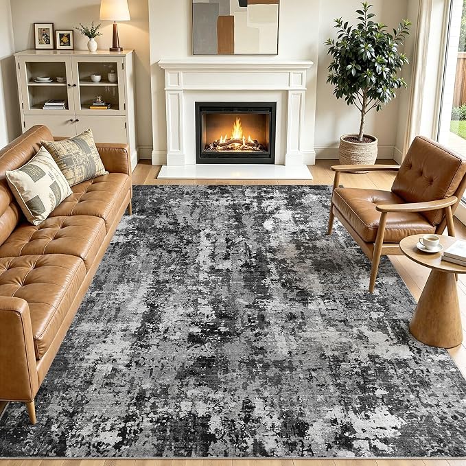 8x10 Area Rug Living Room Rugs: Washable Large Soft Abstract Modern Neutral Rug Stain Resistant & Non-Slip Low-Pile Carpet for Bedroom Dining Nursery Home Office Room Decor - Black