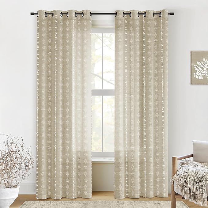 Coastal Boho Farmhouse Curtains for Living Room, Neutral Tan Beige and White Light Filtering Patterned Linen Drapes for Dining Room Bedroom 84 Inches Long