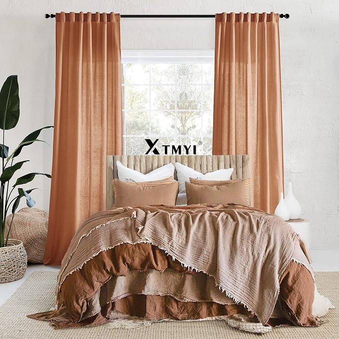 XTMYI Terracotta 90 Inch Length 2 Panels Back Tab/Hook Belt Linen Cotton Sheer Curtains for Bedroom Set