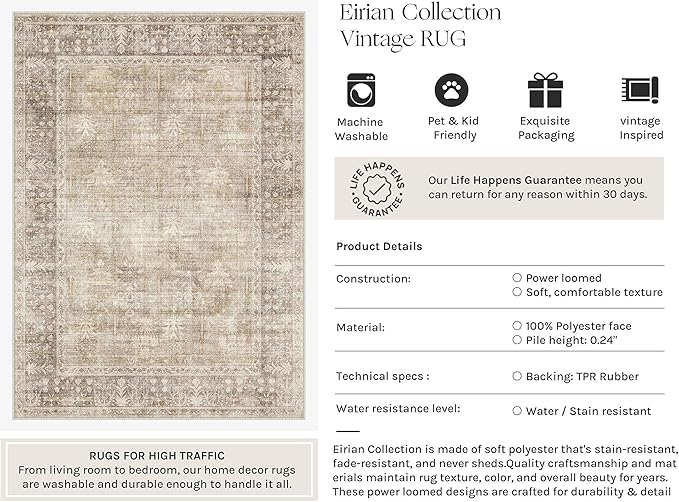 HUGEAR Retro 2x6 Washable Runner Rugs Beige Hallway Bedroom Kitchen Throw Carpet Vintage Distressed Neutral Stain Resistant Non Slip & Shedding Low Pile for Home Aesthetic Decor