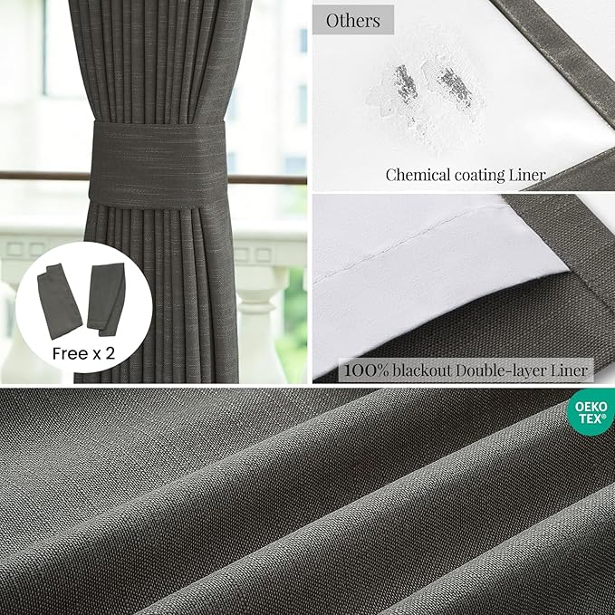 Topfinel Charcoal 90 Inch Long Blackout Bedroom Curtains Back Tab & Rod Pocket, Modern Farmhouse Blend Linen Panels for Track System, Modern Chic Carbon Grey Noise Cancelling Drapes 52" W*90" L
