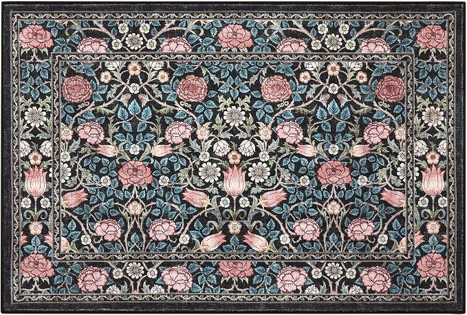 GarveeHome Indigo Blue and Pink Vintage Floral Small Rug 2x3 Door Mat Indoor Rugs for Entryway Washable Non-Slip TPE Backing Soft Low-Pile Rugs for Bathroom Bedroom Kitchen