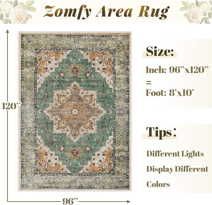 Area Rug 8x10 Vintage Rug: Large Washable Indoor Medallion Rugs Low Pile Distressed Floor Carpet Retro Accent Rug for Living Room Bedroom Kitchen Dining Table Home Office(Brown Green, 8'x10')