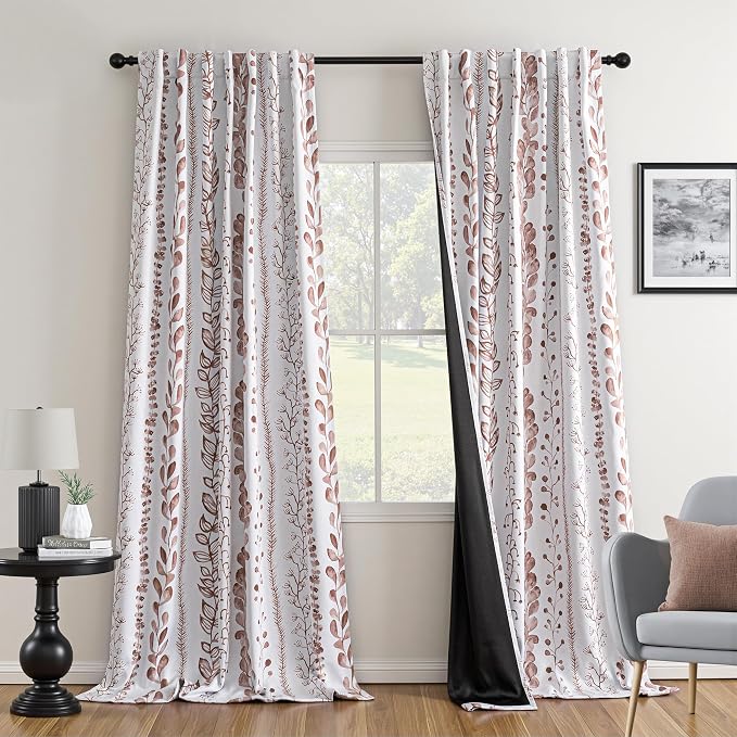MEETSKY Boho Brown Blackout Curtains for Bedroom, Thermal Insulated Privacy Protection Back Tab Curtains 84 Inches Length for Living Room, Leaf Pattern, 2 Panels, 50" Wide Each