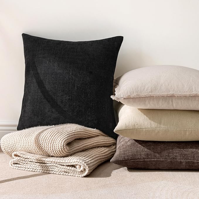 MIULEE Pack of 2 Decorative Throw Pillow Covers Soft Chenille Throw Pillows Solid Textured Euro Cushion Covers for Couch Sofa Bedroom Living Room 22x22 Inch, Black