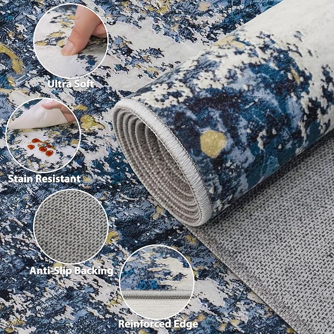 8x10 Area Rug for Living Room Bedroom: Large Washable Rug with Anti-Slip Backing Non-Shedding Stain-Resistant Soft Abstract Carpet for Dining Room Nursery Home Office (Blue/Multi)