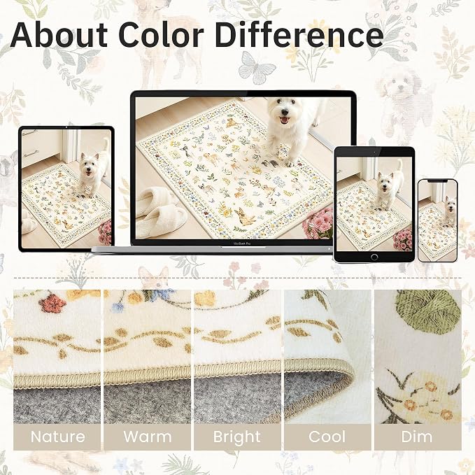 Soalmost Dog 6x9 Area Rugs for Living Room, Machine Washable Animal Floral Vintage Rug Non-Slip Low Pile Soft Throw Rugs for Bedroom Dining Room Kitchen Nursery Playroom (6 x 9,Beige)