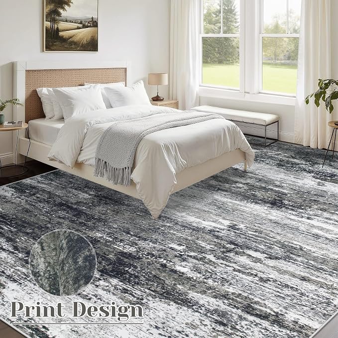 Washable Rug 8x10 Area Rugs for Living Room: Large Neutral Soft Rug Abstract Non Slip Low Pile Modern Carpet for Bedroom Kitchen Nursery Office Dining Room Indoor (Black, 8'x10')