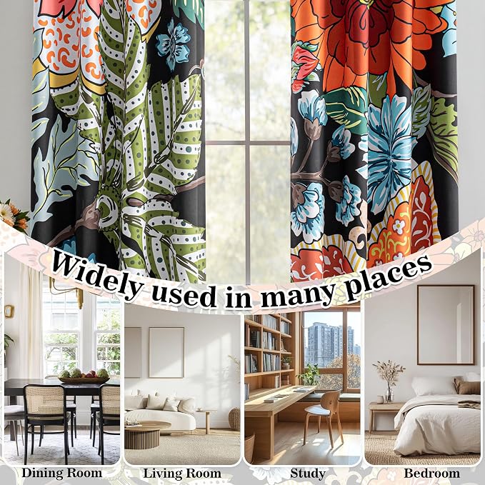 MYSKY HOME Black Boho Floral Blackout Curtains 95 inch 2 Panels Set for Living Room Dining Room Thermal Insulated Room Darkening Energy Saving with Patterned Flower Design Grommet Drapes, 52" Wide