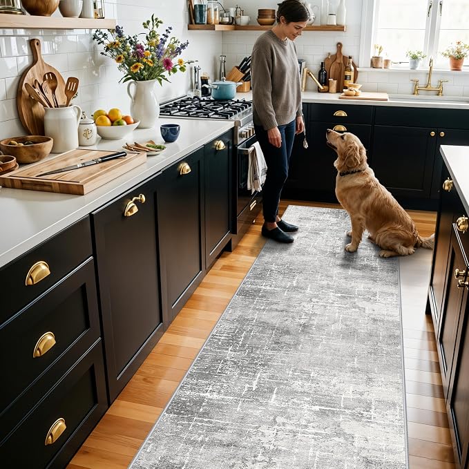 HY HAOYUNLAI Abstract 2x8 Runner: Washable Non-Slip 8ft Hallway Carpet Stain-Resistant Laundry Room Kitchen Area Rug Throw Entryway Foyer Mat Soft Living Room Bedroom Beside Runner Rug(2x8,Light/Grey)