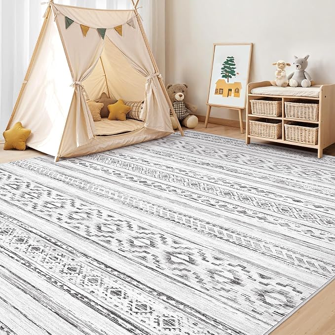 cotiled 9x12 Area Rugs Living Room Rug: Washable Boho Rugs with Non Slip Backing Large Soft Indoor Stain Resistant Carpet for Bedroom Farmhouse Dining Room Lightweight Home Decor Cream Grey