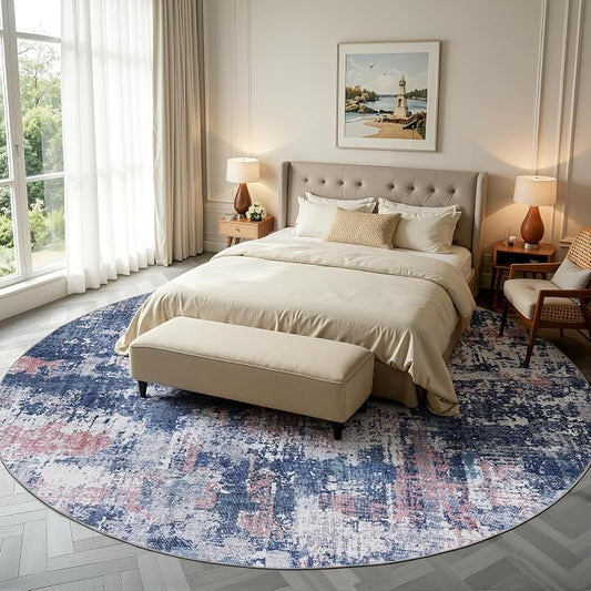 Sasttie 8ft Soft Round Area Rug, Modern Abstract Washable Large Circle Carpet for Living Room, Bedroom, Dining Room Table, with Non-Slip Backing, Pink and Blue