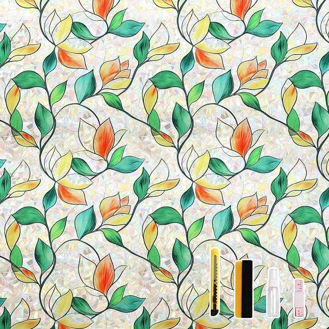 Finnez Rainbow Stained Glass Window Privacy Film, Static Cling No Glue, UV Blocking & Heat Control, Removable & Reusable for Home Office Bathroom Door (Stained Leaf, 23.6" x 78.7")