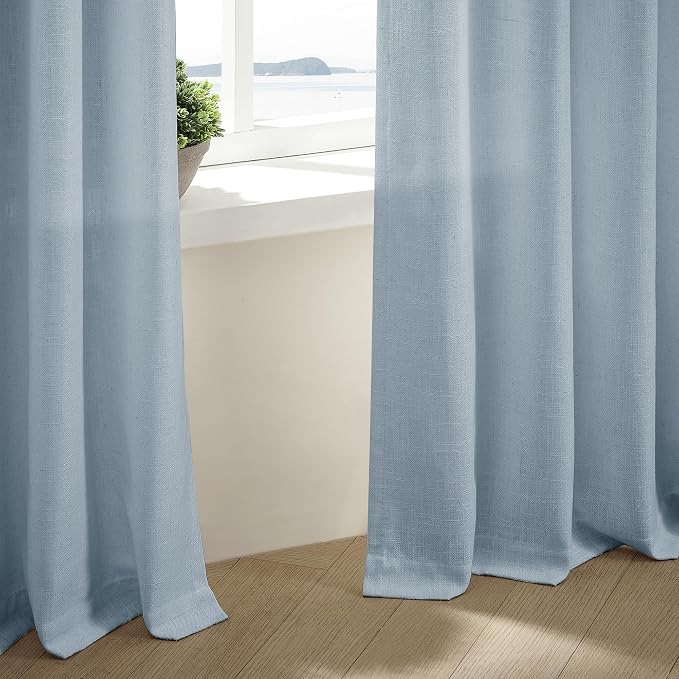 Dusty Blue Pinch Pleated Short Linen Curtains 45 Inches Long 2 Panels for Living Room Bedroom Memory Trained Semi Sheer Pleat Drapes Hooks Rings Light Filtering Small Kitchen Window Curtain 40x45