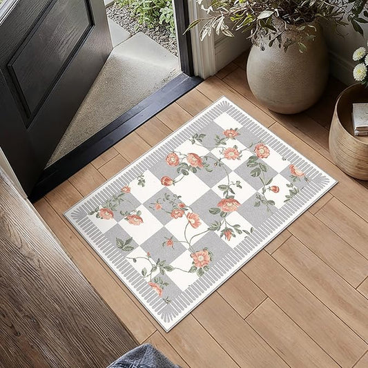 HUGEAR 2x3 Checkered Rugs for Entryway Machine Washable Grey Small Carpet Floral Print Non-Slip Stain Resistant Low Pile Indoor Throw for Entrance Kitchen Bedroom Dining Laundry