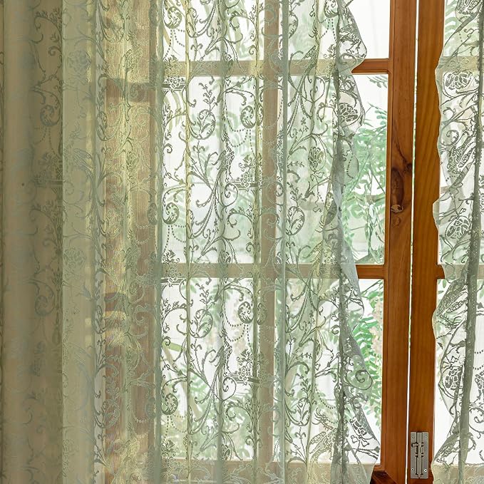 TUDECO Sage Green Sheer Curtains 45 Inch Length- Romantic Small Lace Cafe Half Curtains for Windows, Rod Pocket Floral Ruffle Privacy Short Window Treatment for Kitchen Bathroom, 59 x 45 Inch