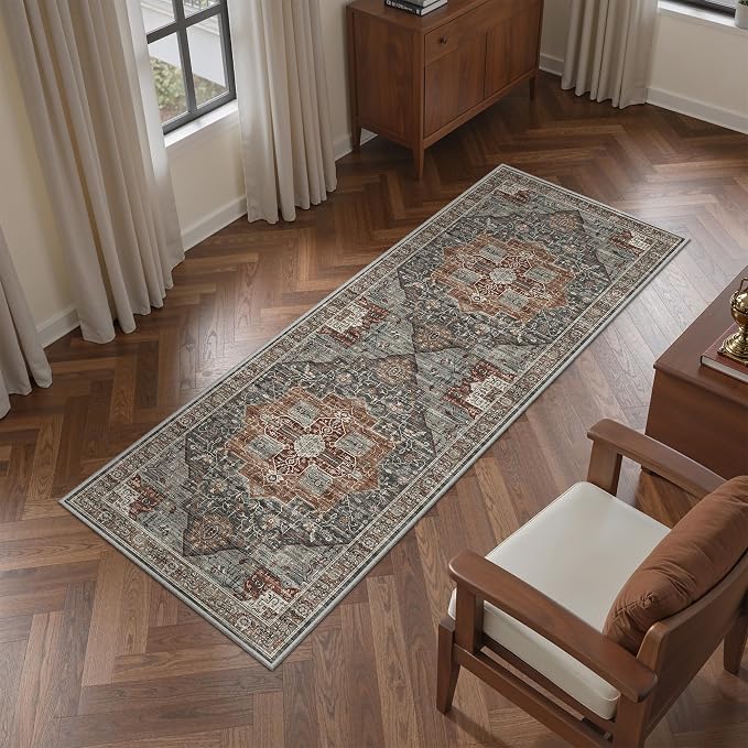 Washable Runner Rug 2x6 Runners for Hallways, Ultra-Thin Carpet Runners for Entryway Anti Slip Backing Runner Rugs for Kitchen Laundry Room Indoor Hallway (Grey/Brown/Tan)