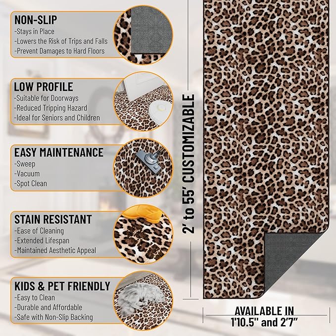 Ottomanson Aisle Runner Rug 1'10.5" x 26' – Soft Non-Slip Rug, Low Pile Carpet for Hallways, Events, Churches & Extra-Long Indoor Spaces, Leopard Print Brown