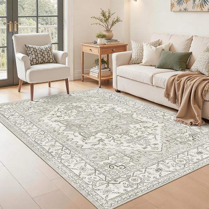 Area Rugs for Living Room - 3x5, Boho Non-Slip Low Pile Carpet Machine Washable Rugs for Bedroom, Farmhouse, Office, Dining Room (Beige)