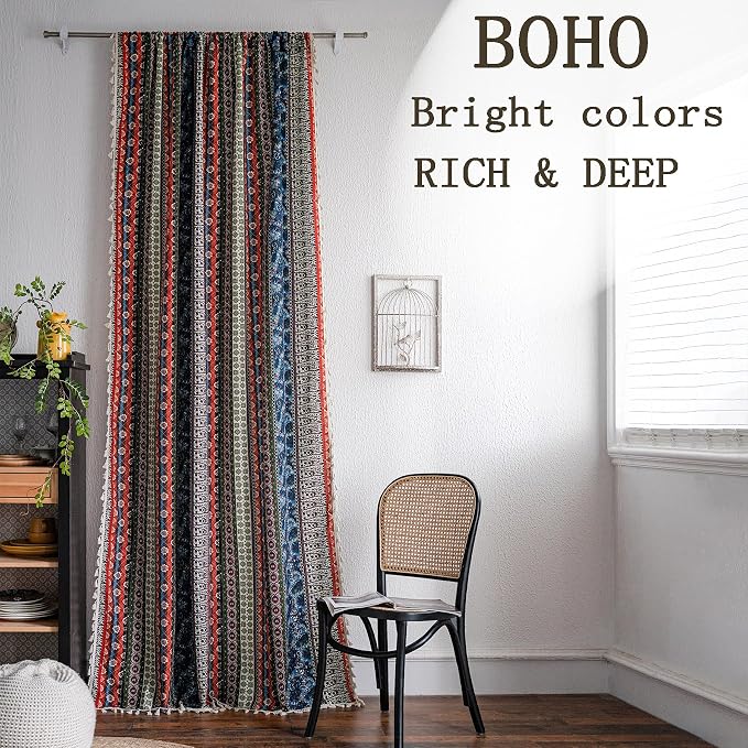 VOGOL Boho Semi Blackout Curtains, Colorful Stripes with Tassel Decorative Window Treatments, 1 Panel Rod Pocket Drapes for Living Rest Room, 59 x 79 Inches, Red Blue