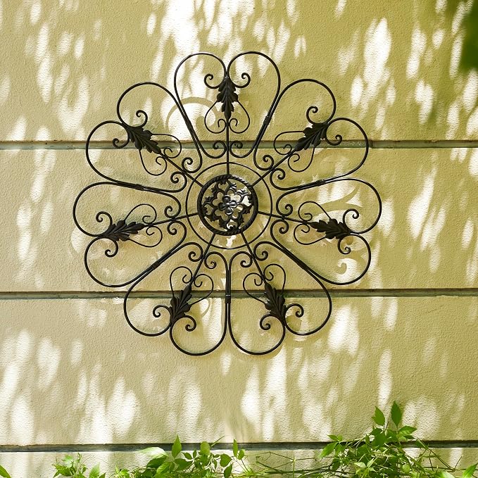 Glitzhome Outdoor Metal Wall Art Decor, Large Wrought Iron Scroll Wall Decor with Floral Design, Matte Black Finish, 23.75" D Exterior Garden Patio Porch Wall Decor
