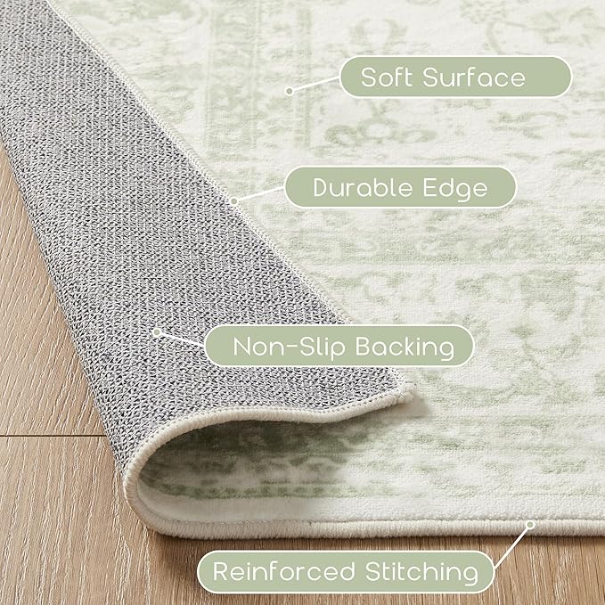 Sage Green Area Rugs 9x12 Living Room No Slip Stain Resistant Large Area Rug for Bedroom Low Pile Soft Boho Distressed Style Light Green Rug 9 x 12 Washable Carpet for Dining Room Playroom