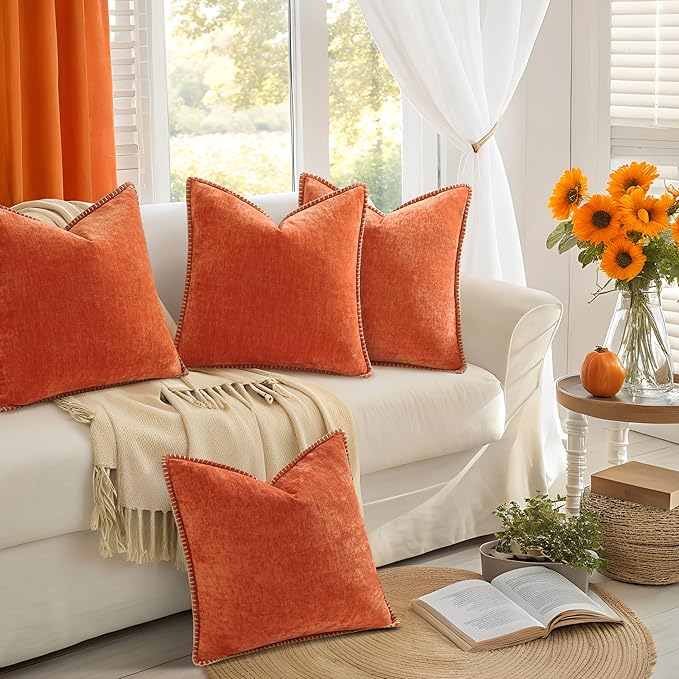 decorUhome Set of 4 Throw Pillow Covers 18x18 Inch Decorative Soft Chenille Pillow Covers Farmhouse Neutral Cushion Covers with Stitched Edge for Couch Sofa Bed Living Room, Burnt Orange