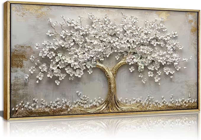 Framed 3D Texture Large Tree of Life Canvas Wall Art Gold and White Flower Big Tree Painting Picture Wall Decor Botanical Floral Poster Print Artwork for Living Room Dining Bedroom
