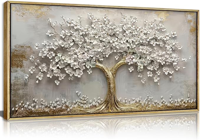 Framed 3D Texture Large Tree of Life Canvas Wall Art Gold and White Flower Big Tree Painting Picture Wall Decor Botanical Floral Poster Print Artwork for Living Room Dining Bedroom
