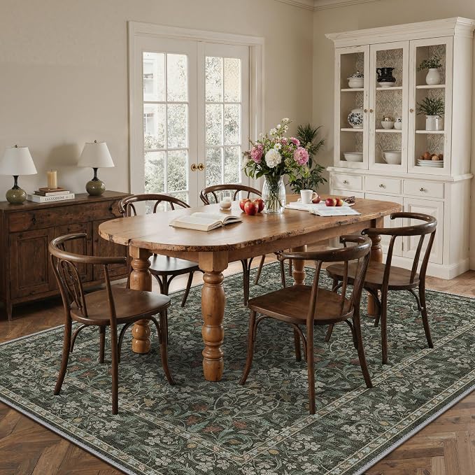 GENIMO 6x9 Washable Living Room Area Rug, Non Slip, Black | Vintage Boho Floral Low Pile Thin Carpet for Bedroom, Dining Room, Nursery, Indoor Decor